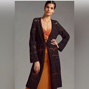 Anthropologie Pointelle Knit Black Long Tie Waist Sweater Cardigan Size L NWT